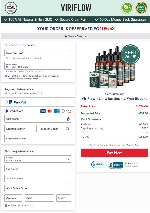 Protected ViriFlow checkout process with encrypted payment and safe customer ordering